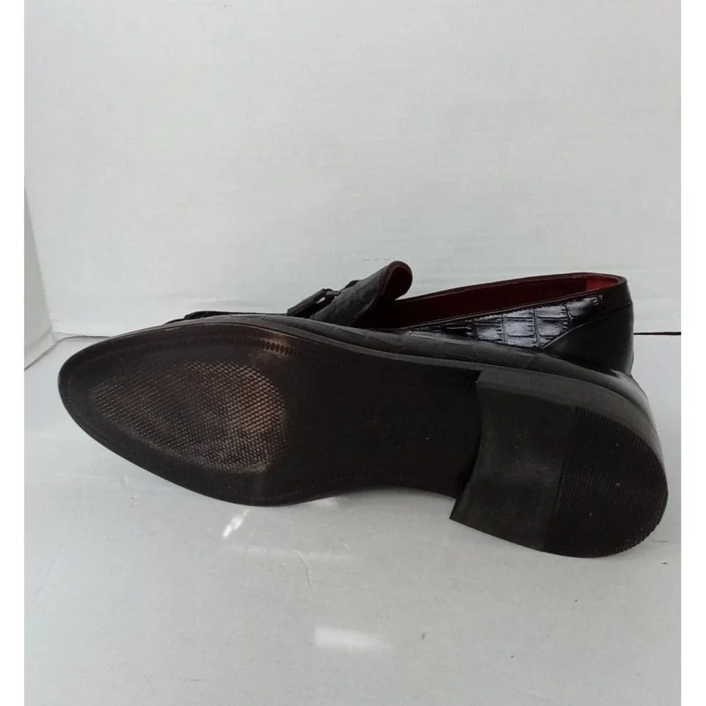 Deckard Mens Croc Embossed Leather Tassel Loafers Dark Brown Dress Shoes